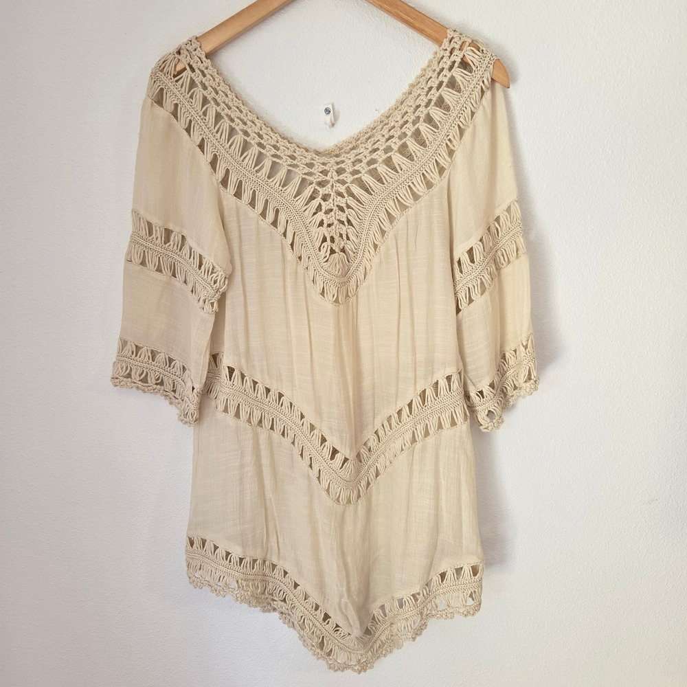 Ivory Crochet Boho Swimsuit Cover-up 3/4 Sleeve Sharkbite Hem Cream Small - Picture 2 of 9